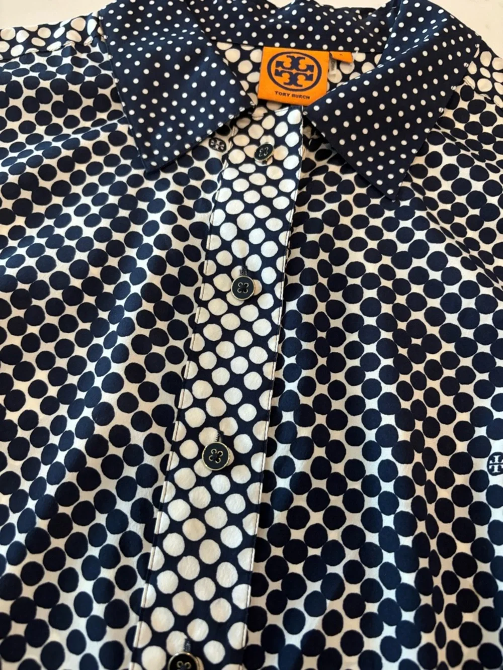 Tory Burch Navy and White Polka Dot Button-Up Blouse